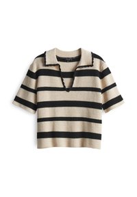 Pull à rayures beige et noir, en tissu texturé. Il dispose d'un col et de manches courtes, avec une ouverture en V.