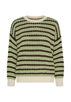Strikket sweater med vandrette striber i grøn, brun og beige, med rund halsudskæring og ribstrikkede ærmekanter og ribkant forneden.