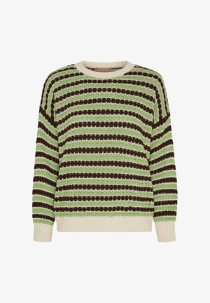 Strikket sweater med vandrette striber i grøn, brun og beige, med rund halsudskæring og ribstrikkede ærmekanter og ribkant forneden.