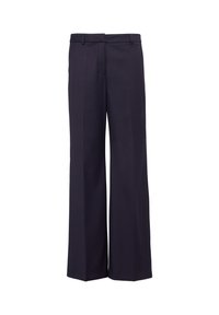 Navy wide-leg trousers made from a smooth fabric, featuring a tailored waistband and two front slant pockets with pressed creases.