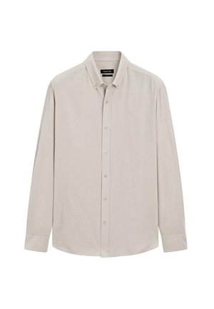 Beige overhemd met lange mouwen en knopen, voorzien van een puntige kraag, een voorpand met knopen en een gladde stoftextuur. Het shirt heeft een ontspannen pasvorm en manchet mouwen.