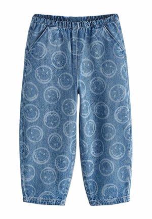 Lichtblauwe denim broek met een elastische tailleband, zijzakken en een cirkelvormig glimlachend gezicht patroon over de stof.