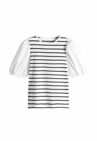 Gestreiftes T-Shirt mit kurzen Puffärmeln. Körper in Weiß mit schwarzen horizontalen Streifen. Weiches Baumwollmischgewebe; runder Ausschnitt.
