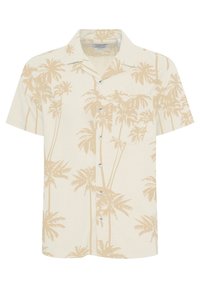 Short-sleeve shirt in off-white fabric featuring a repeating beige palm tree pattern; button-up front, classic collar, and left chest pocket.