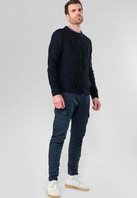 Marineblauer Strickpullover mit Rautenmuster, runder Halsausschnitt; kombiniert mit dunklen Cargo-Hosen und weißen Sneakers, was legere Freizeitkleidung zeigt.
