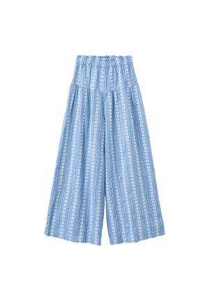 Pantalon à jambes larges bleu clair avec des rayures florales blanches verticales et une taille élastique, présenté à plat sur fond blanc.