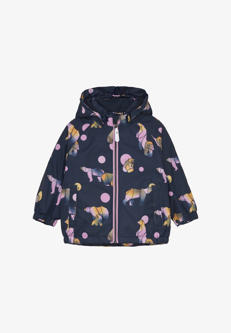 Marineblaue Jacke mit einem geometrischen Muster von Eisbären und pinken Kreisen. Sie hat einen Reißverschluss, eine Kapuze und elastische Bündchen für eine enge Passform.