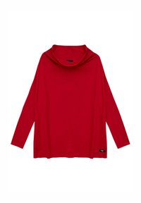 Czerwona bluzka z długim rękawem i dekoltem typu cowl, wykonana z miękkiego materiału. Posiada luźny krój i małą czarną metkę na końcu.