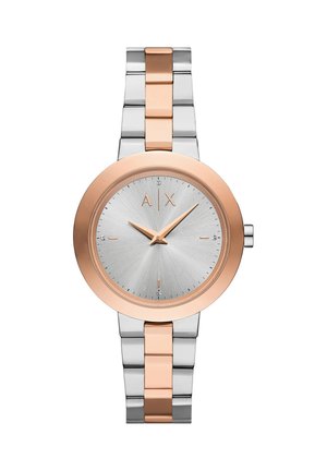 Strieborné a ružovo-zlaté hodinky majú okrúhly puzdro, brúsený strieborný ciferník s tromi hodinkovými indexmi a prepojený kovový remienok s alternujúcimi farbami.