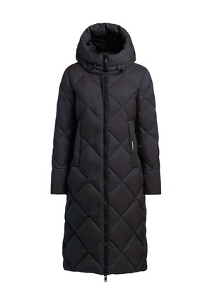 Long black puffy coat with a diamond quilt pattern, a high collar, zip closure, and side pockets. Smooth texture, lightweight material.