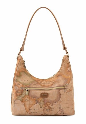 Borsa a tracolla in pelle color cuoio con design vintage di una mappa del mondo, dotata di una tasca frontale con zip e di una singola tracolla.