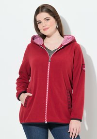 Punainen fleece-zip-up-takki hupulla, jossa on raidallinen vuori, mustat yksityiskohdat ja brodeeratut yksityiskohdat taskuissa.