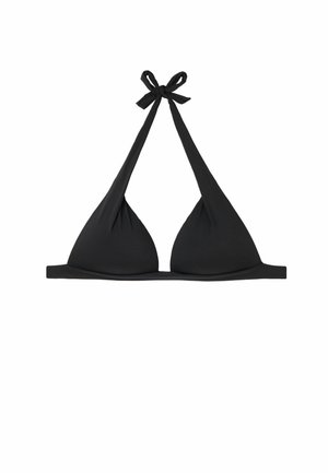 Haut de bikini noir avec un design triangulaire, fabriqué à partir d'un tissu lisse. Comprend des liens autour du cou et une bande minimale à la base.