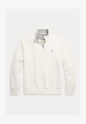 Hvit sweatshirt laget av bomullsblanding, med en kvart glidelås-krage med en grå indre fôr og en liten brodert logo på brystet.
