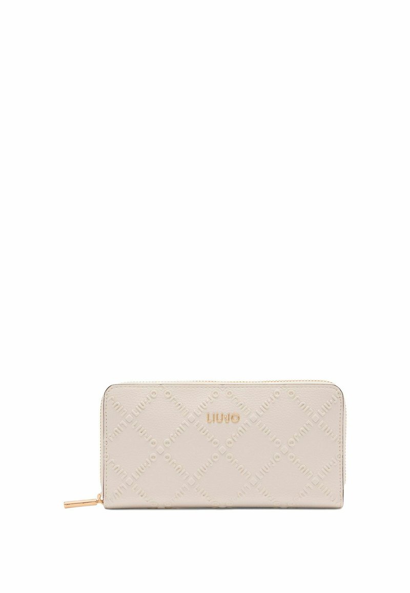 Beige leather wallet with embossed pattern and gold logo. Features a zip closure and a smooth texture. Rectangular shape with rounded edges.