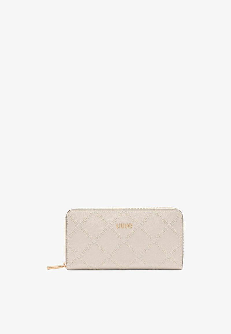 Beige leather wallet with embossed pattern and gold logo. Features a zip closure and a smooth texture. Rectangular shape with rounded edges.