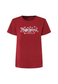Röd bomull t-shirt med en blommig design och vit text som säger "Pepe Jeans London." Kort ärm och klassisk passform.