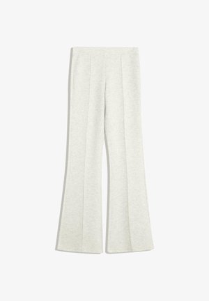 Pantaloni evazați gri deschis, cu o textură netedă, având pliuri laterale și o talie elastică pentru confort. Fără modele sau embellissements vizibile.