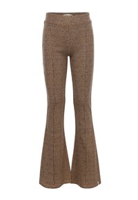 Bruine flared broek met een luipaardprintpatroon, gemaakt van flexibel materiaal, met een getailleerde taille en subtiele stikdetails.