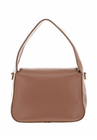 Sac à bandoulière en cuir marron avec une poignée incurvée, une forme rectangulaire, une texture lisse et de subtils accents métalliques dorés.