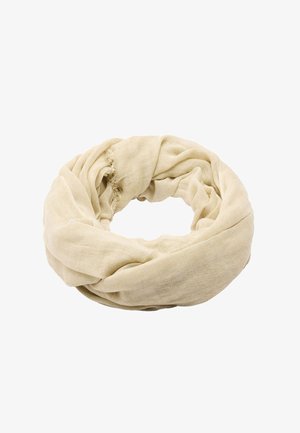 Beżowy szalik w kształcie nieskończoności wykonany z lekkiego, miękkiego materiału o lekko textured wykończeniu i postrzępionych brzegach dla dodatkowego efektu.