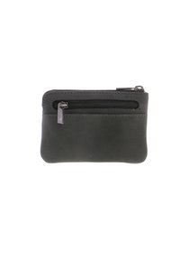 Cartera de cuero negro con una textura suave, forma rectangular y cierre de cremallera en la parte superior. Presenta un detalle de tirador de cremallera en tono plateado.
