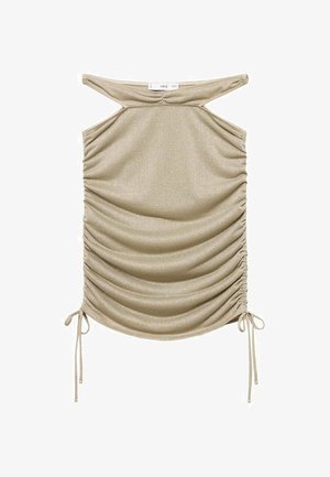 Satin-like gold top with a gathered texture, off-shoulder design, and adjustable ties at the sides for a customizable fit.