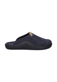 Pantofole in feltro di un blu navy scuro con una suola curva in caucciù nero. Presentano un bordo cucito e un piccolo cartellino in pelle sul lato superiore.