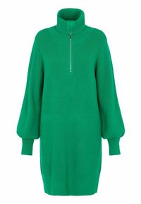 Robe tricotée verte avec un haut col montant, une fermeture éclair semi-longue à l'avant et des manches volumineuses. Texture lisse, design jusqu'aux genoux, sans motifs visibles.