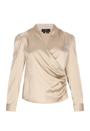 Beige satijnen blouse met lange mouwen, met een wikkelontwerp, gerimpelde zijdetails, opbollende schouders en manchetmouwen.