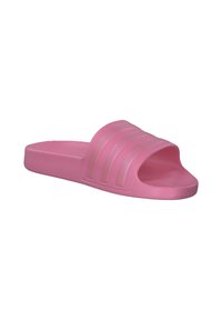 Sandale mule rose à bout ouvert avec trois bandes en relief sur le dessus et semelle texturée pour un usage décontracté.