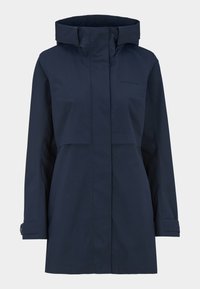 Marineblauwe waterdichte jas met een hoge kraag, rits aan de voorkant en verstelbare manchetten. Kenmerkt zich door een minimalistisch ontwerp zonder zichtbare patronen.