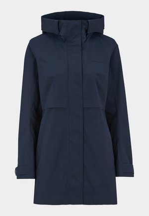 Navyblauer wasserdichter Mantel mit hohem Kragen, vorne mit Reißverschluss und verstellbaren Manschetten. Verfügt über ein minimalistisches Design ohne sichtbare Muster.
