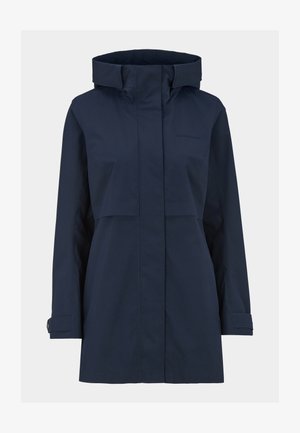 Marineblauwe waterdichte jas met een hoge kraag, rits aan de voorkant en verstelbare manchetten. Kenmerkt zich door een minimalistisch ontwerp zonder zichtbare patronen.