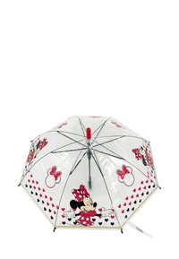 Durchsichtiger Regenschirm mit Minnie-Maus-Design, roten Akzenten, Punkten und Herzen. Metallrahmen mit rotem Griff. Leicht und tragbar.