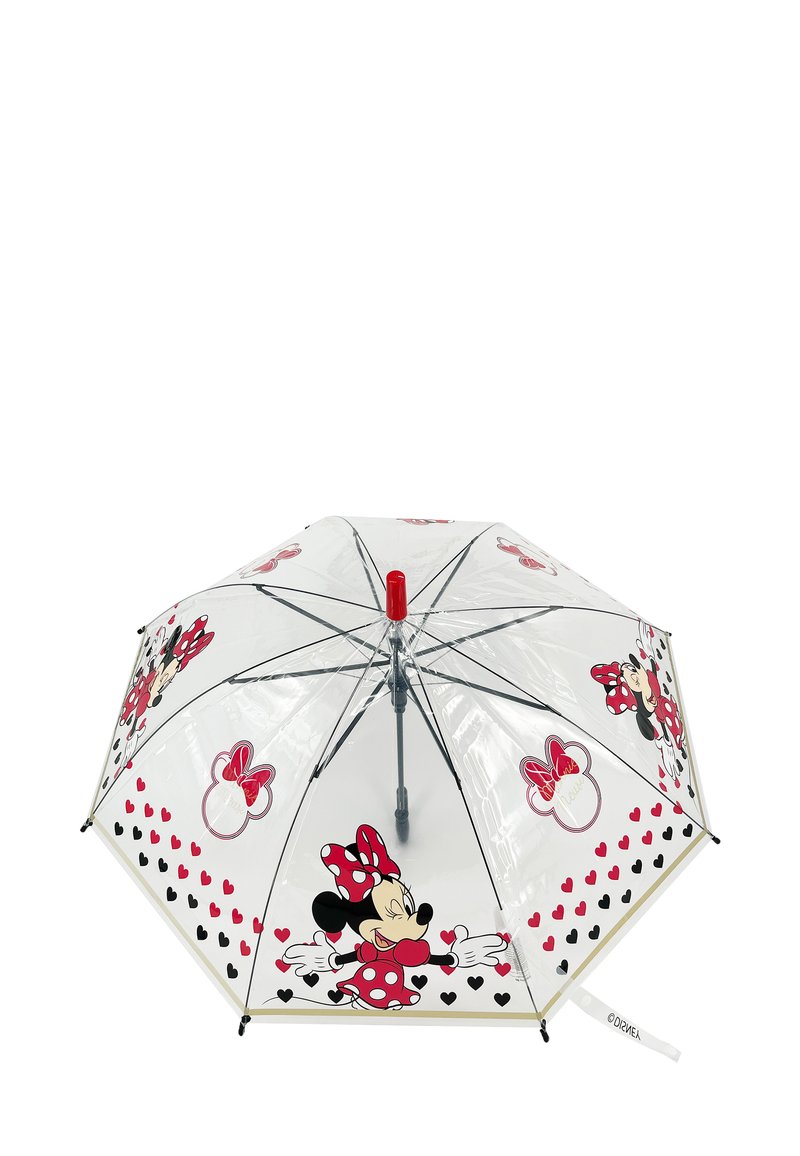 Durchsichtiger Regenschirm mit Minnie-Maus-Design, roten Akzenten, Punkten und Herzen. Metallrahmen mit rotem Griff. Leicht und tragbar.