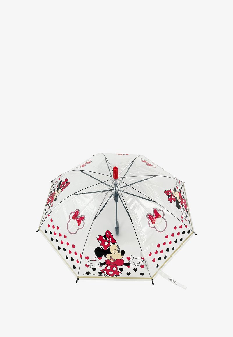 Durchsichtiger Regenschirm mit Minnie-Maus-Design, roten Akzenten, Punkten und Herzen. Metallrahmen mit rotem Griff. Leicht und tragbar.
