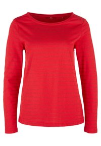 Maglietta rossa a maniche lunghe con scollo rotondo, caratterizzata da un leggero motivo a righe. Realizzata in tessuto morbido, offre una vestibilità rilassata e una texture liscia.