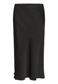 Jupe noire midi en tissu texturé, arborant une silhouette lisse et une légère évasement vers l'ourlet pour plus de mouvement.