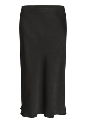 Sort midi-nederdel lavet af et tekstureret stof, med en glat silhuet og en let flair mod kanten for ekstra bevægelse.