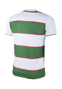 Groen en wit gestreept shirt met korte mouwen, met roze accentlijnen en een ribbelkraag. Gladde, lichte stof.