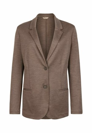 Brun kavaj med en slät textur, enkelslås, revärlappar och två framfickor. Enkel, skräddarsydd design.