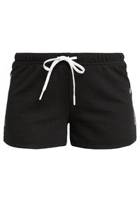 Bermudas deportivas de algodón negras con cintura elástica, cordón ajustable blanco y detalle de logo lateral en impresión blanca.