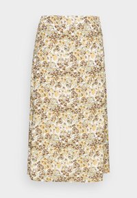 Jupe à imprimé floral en beige, vert et marron. Caractérisée par une coupe droite, une texture lisse et une taille élastique pour un confort optimal.