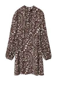Braunblümchen-Paisley-Kleid mit langen, gepufften Ärmeln, hohem Ausschnitt und einer Halsbindung. Der Stoff zeigt weiße Blumen- und Paisleymuster.