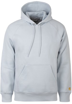 Felpa azzurra chiara con tasca frontale, cappuccio con lacci e polsini a coste. Presenta un piccolo logo sulla parte inferiore della manica. Tessuto morbido.