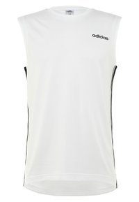 White sleeveless athletic shirt with black Adidas logo, featuring side stripes and a smooth, lightweight fabric for comfort.