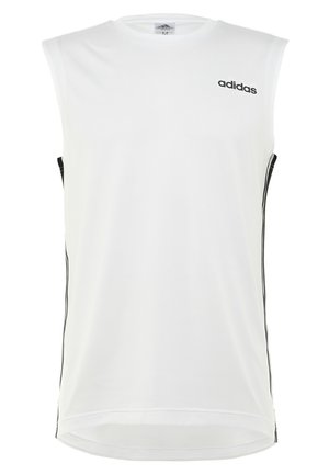 Maillot de sport sans manches blanc avec le logo Adidas noir, featuring des rayures latérales et un tissu lisse et léger pour le confort.
