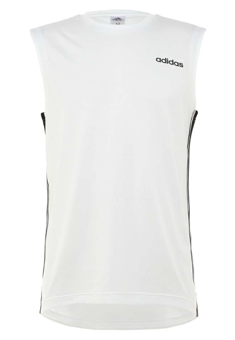 White sleeveless athletic shirt with black Adidas logo, featuring side stripes and a smooth, lightweight fabric for comfort.