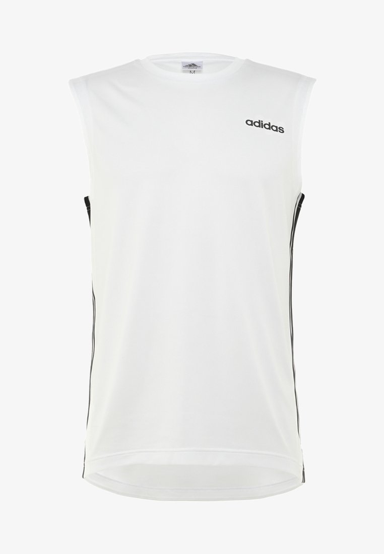 White sleeveless athletic shirt with black Adidas logo, featuring side stripes and a smooth, lightweight fabric for comfort.